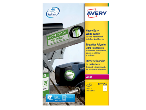 [TIM-L4775] Etiketten Avery Heavy Duty 01 etik/bl 210x297mm voor laser wit (20)