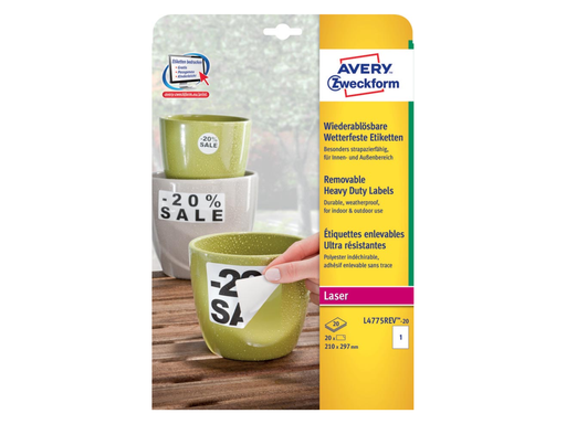 [TIM-L4775R] Etiketten Avery Removable Heavy Duty 01 etik/bl 210x297mm voor laser wit (20)