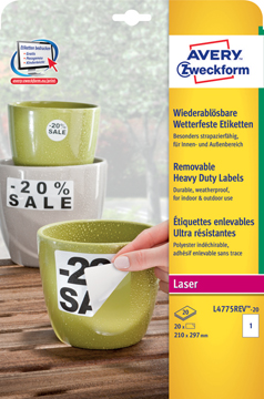 [TIM-L4775R] Etiketten Avery Removable Heavy Duty 01 etik/bl 210x297mm voor laser wit (20)