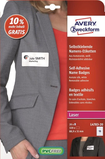 [L478320] Etiketten Avery Textiel 16 etik/bl 88,9x31mm voor laser wit (20)
