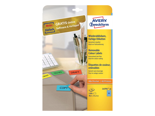 [TIM-L479120] Etiketten Avery Removable 65 etik/bl 38,1x21,2mm blauw (20)