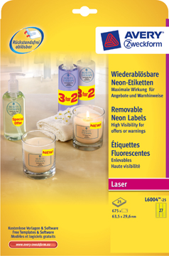[TIM-L600425] Etiket Avery Removable 27 etik/bl 63,5x29,6mm voor laser fluo geel (25)