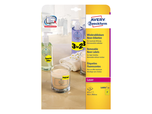 [TIM-L600425] Etiketten Avery Removable 27 etik/bl 63,5x29,6mm voor laser fluo geel (25)