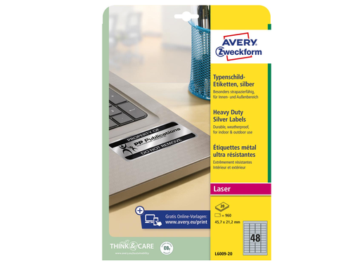 [TIM-L600920] Etiketten Avery Heavy Duty 48 etik/bl 45,7x21,2mm voor laser zilver (20)