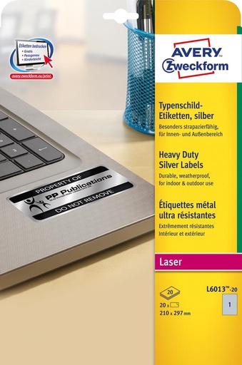 [AVE-L601320] Etiketten Avery Heavy Duty 01 etik/bl 210x297mm voor laser zilver (20)