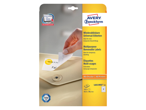[TIM-L602325] Etiketten Avery Removable 21 etik/bl 63,5x38,1mm wit (25)