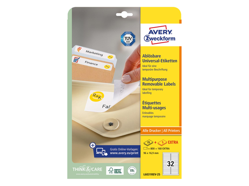 [TIM-L603125] Etiketten Avery Removable 32 etik/bl 96x16,9mm wit (25)