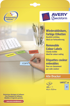 [TIM-L603220] Etiketten Avery Removable 24 etik/bl 63,5x33,9mm blauw (20)