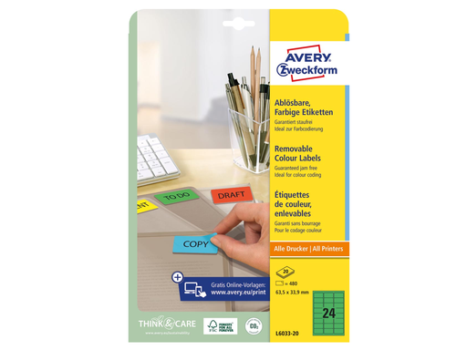 [TIM-L603320] Etiketten Avery Removable 24 etik/bl 63,5x33,9mm groen (20)