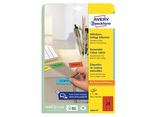 [TIM-L603420] Etiketten Avery Removable 24 etik/bl 63,5x33,9mm rood (20)