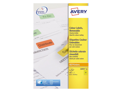 [TIM-L603520] Etiketten Avery Removable 24 etik/bl 63,5x33,9mm geel (20)