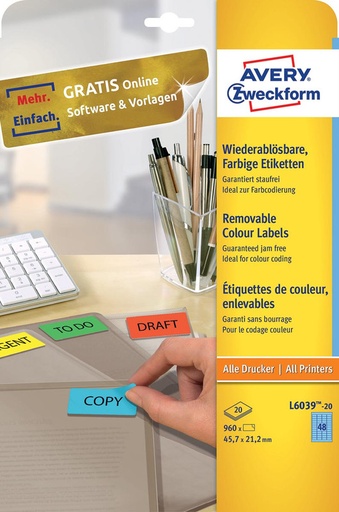 [AVE-L603920] Etiketten Avery Removable 48 etik/bl 45,7x21,2mm blauw (20)