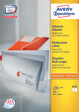[TIM-L6135] Etiketten Avery Universeel A5 01 etik/bl 210x148mm wit (200)