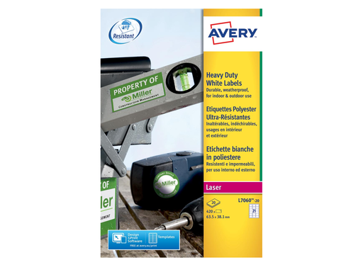[TIM-L706020] Etiketten Avery Heavy Duty 21 etik/bl 63,5x38,1mm voor laser wit (20)