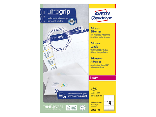 [TIM-L7163] Etiketten Avery Address 14 etik/bl 99,1x38,1mm voor laser wit (100)