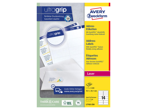 [TIM-L7163-T] Etiketten Avery Address 14 etik/bl 99,1x38,1mm voor laser wit (250)