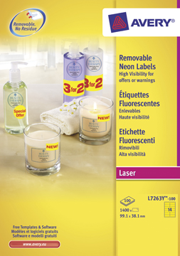 [TIM-L7263Y] Etiketten Avery Removable 14 etik/bl 99,1x38,1mm voor laser geel (100)