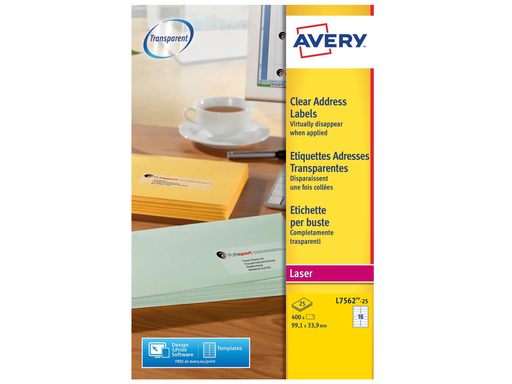 [TIM-L756225] Etiketten Avery Address 16 etik/bl 99,1x33,9mm voor laser transparant (25)