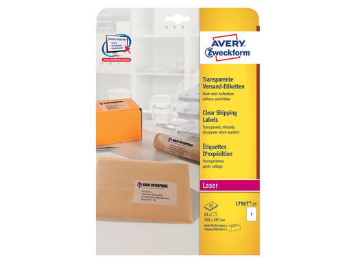 [TIM-L756725] Etiketten Avery Shipping 01 etik/bl 210x297mm voor laser transparant (25)