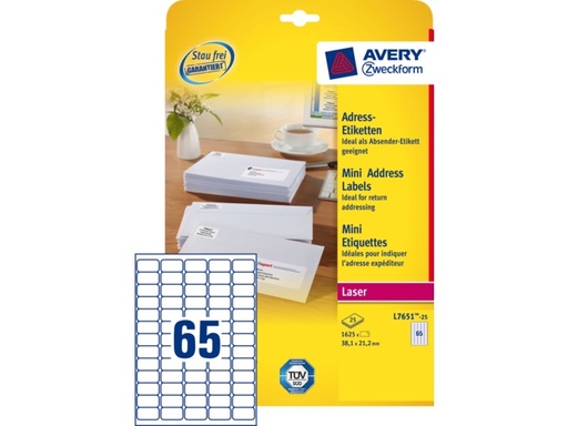 [TIM-L7651] Etiketten Avery Address 65 etik/bl 38,1x21,2mm voor laser wit (100)