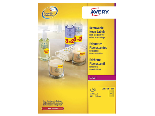 [TIM-L7651Y] Etiketten Avery Removable 65 etik/bl 38,1x21,2mm voor laser fluo geel (100)