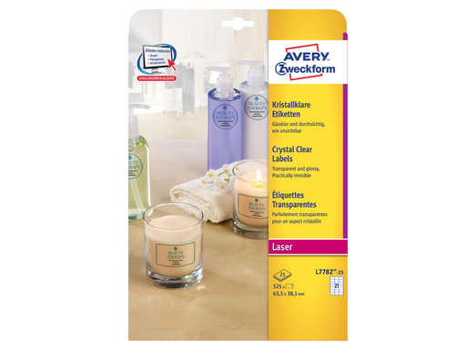 [TIM-L778225] Etiketten Avery Clear 21 etik/bl 63,5x38,1mm voor laser transparant (25)