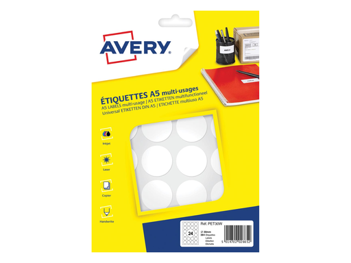 [TIM-PET30W] Markeringsetiket Avery 24 etik/bl. Ø30mm wit (16)